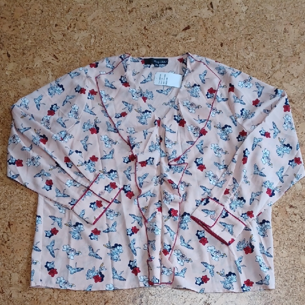 Sonja Betro Women's Peach Floral/Cranes Ruffle Front Blouse Size 1X NWT